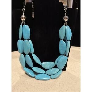 Blue Howlite Chunky 3 String Silver Tone Necklace 18-20” Adjustable